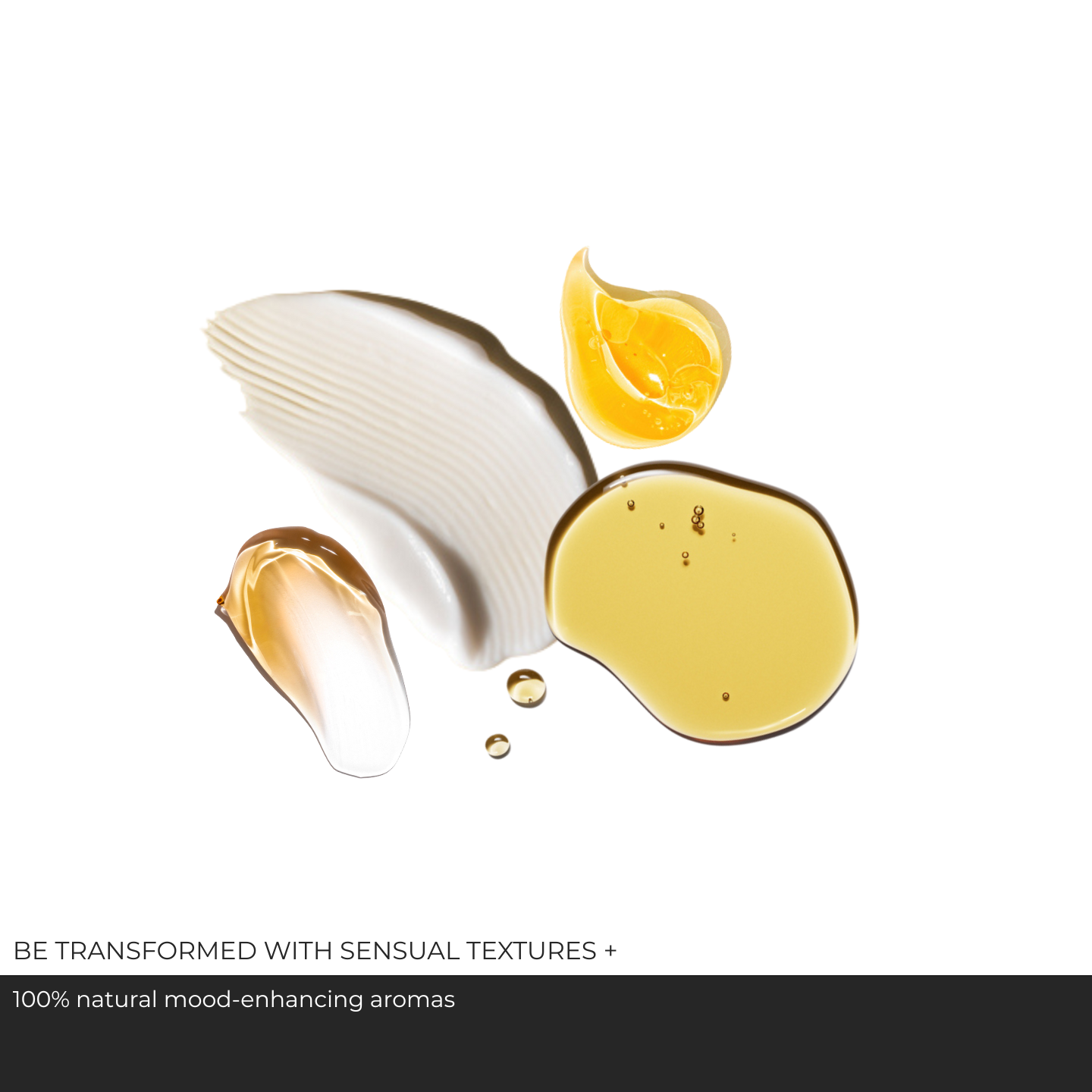 Close-up of luxurious skincare textures and oils from Biomama Essentials Set for skincare during pregnancy and postpartum with text ‘100% natural mood-enhancing aromas.